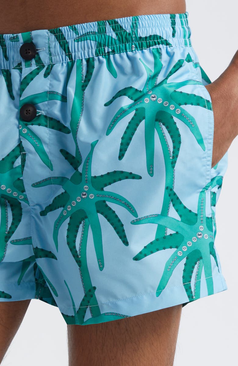 Jacquemus Le Maillot Puntini Cruise Print Swim Trunks, Alternate, color, Print Palmtrees Star Blue 3Ej