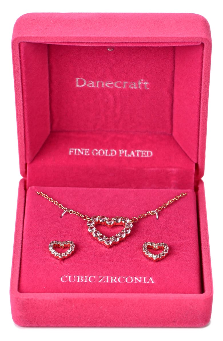 Danecraft Pink Cubic Zirconia Heart Necklace & Stud Earrings Set, Main, color, Metallic Gold