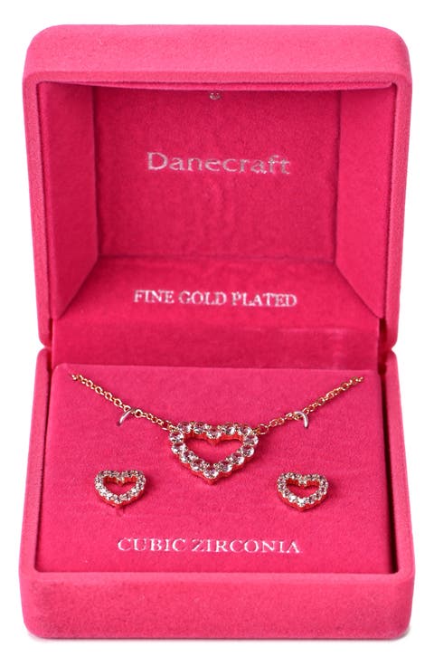 Pink Cubic Zirconia Heart Necklace & Stud Earrings Set