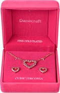 Danecraft Pink Cubic Zirconia Heart Necklace & Stud Earrings Set