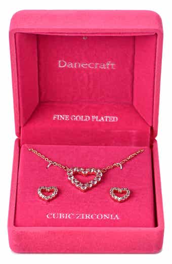 Danecraft Pink Cubic Zirconia Heart Necklace & Stud Earrings Set