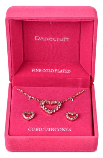 Danecraft Pink Cubic Zirconia Heart Necklace & Stud Earrings Set In Gold
