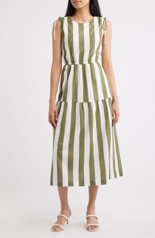 Bobeau Stripe Sleeveless Midi Dress in Sphagnum/ivory Stripe at Nordstrom, Size Large