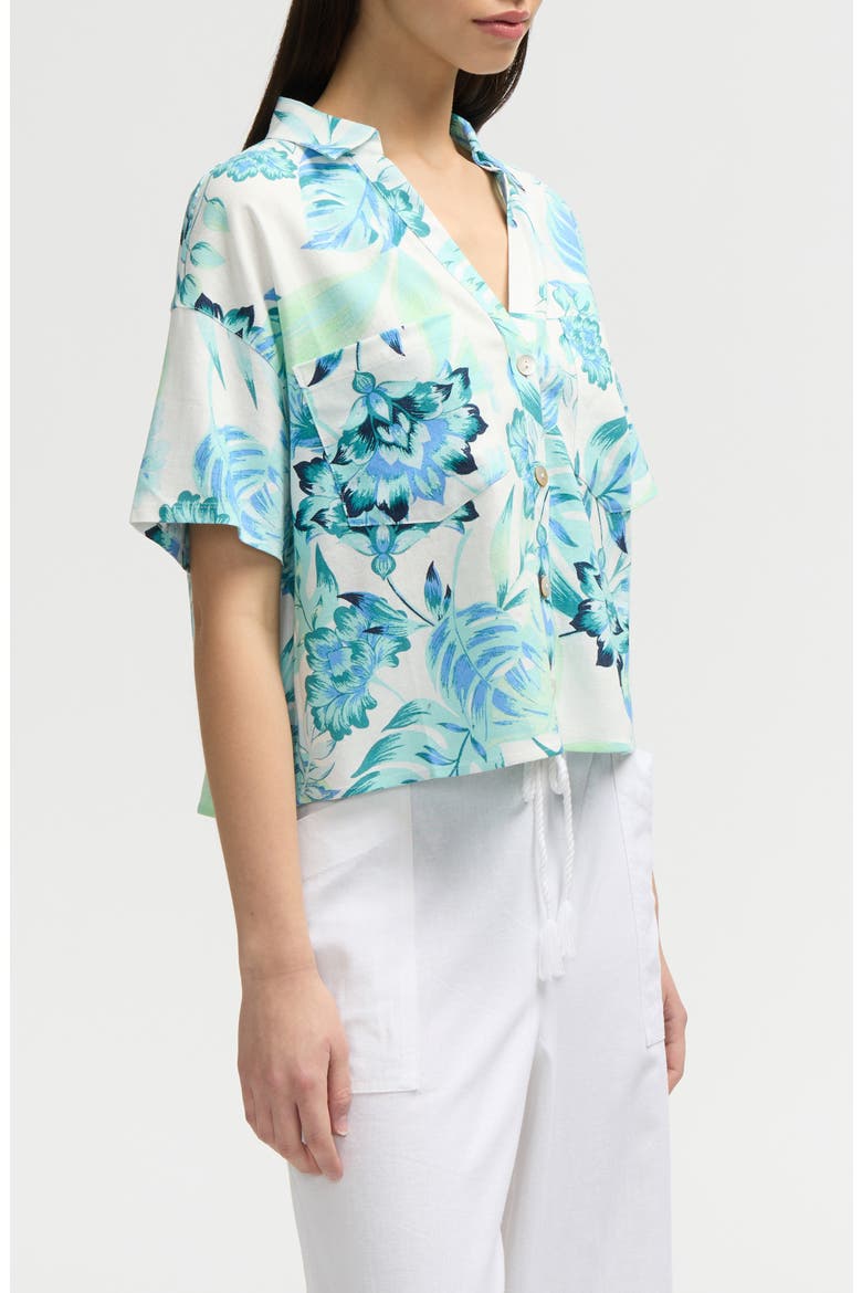 Crop Button-Up Camp Shirt, Alternate, color, TROPICAL BLUE