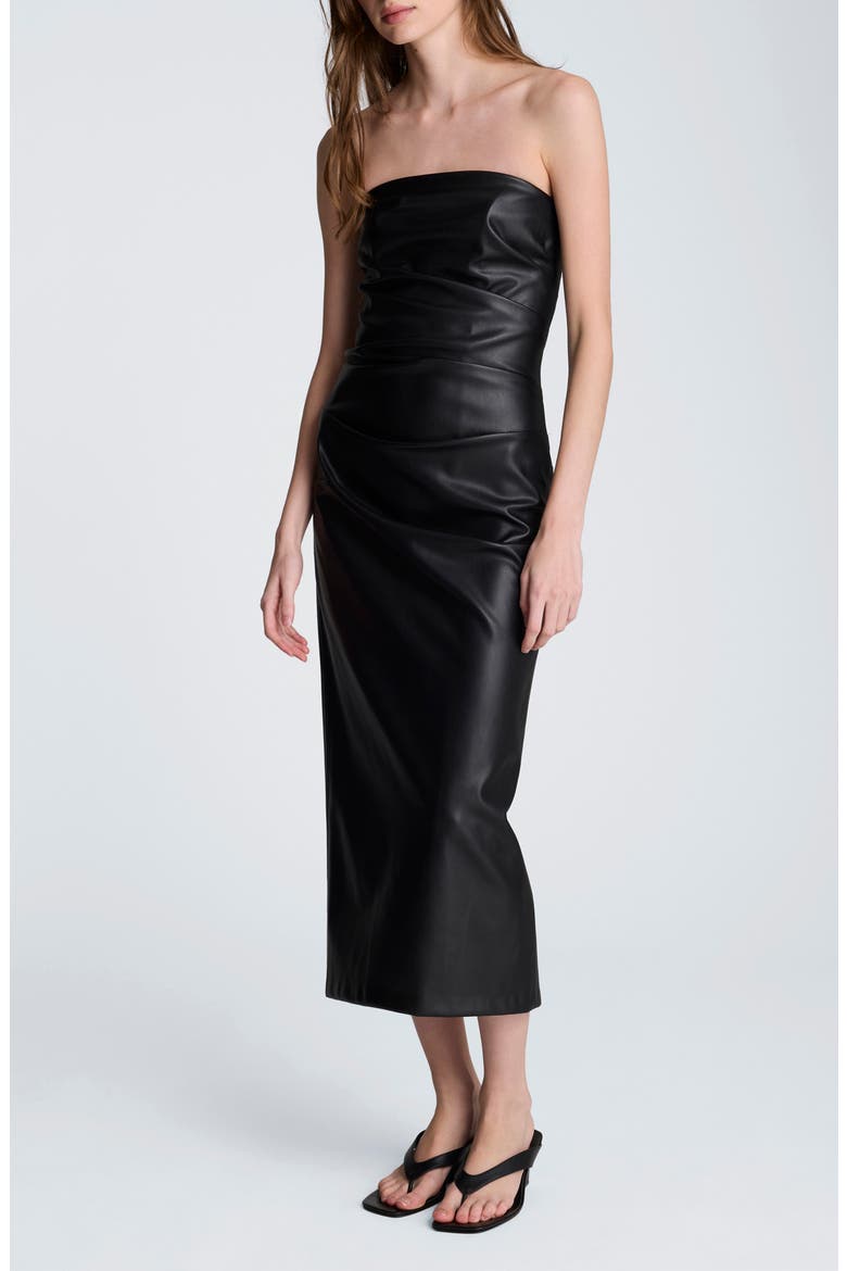 Ruched Strapless Faux Leather Midi Dress, Main, color, BLACK