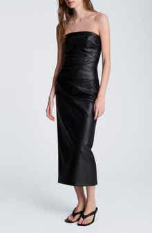 Ruched Strapless Faux Leather Midi Dress