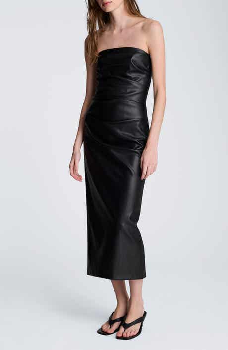 Ruched Strapless Faux Leather Midi Dress