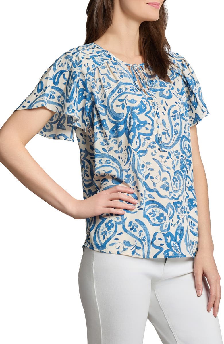 Jones New York Floral Pleated Shoulder Tie Neck Top, Alternate, color, 