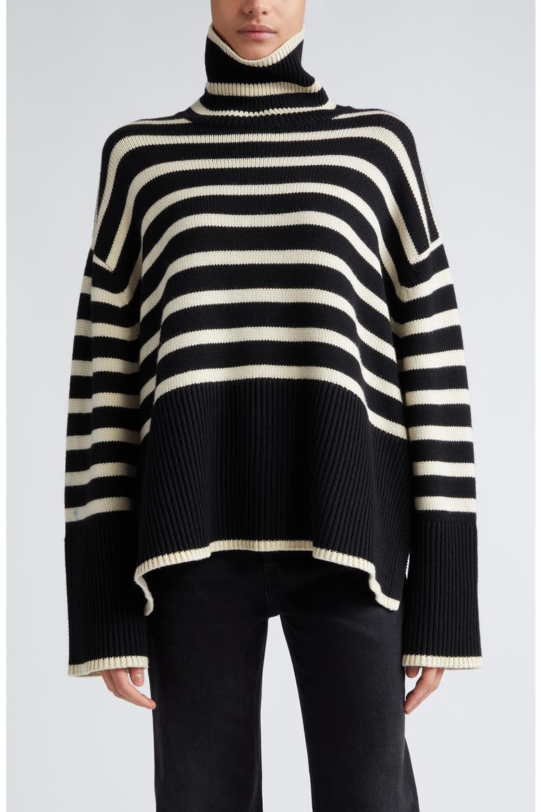 Totême Stripe Wool Blend Turtleneck Sweater, Main, color, BLACK STRIPE