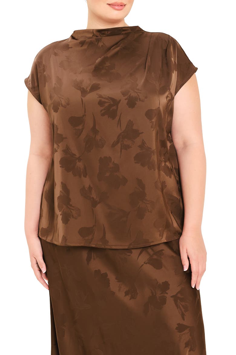 Floral Jacquard Satin Top, Main, color, BROWN