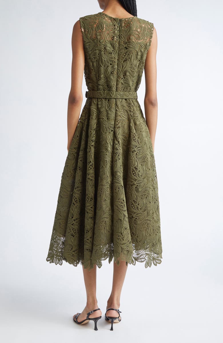 Oscar de la Renta Feather Guipure Lace Belted A-Line Dress, Alternate, color, Dark Moss