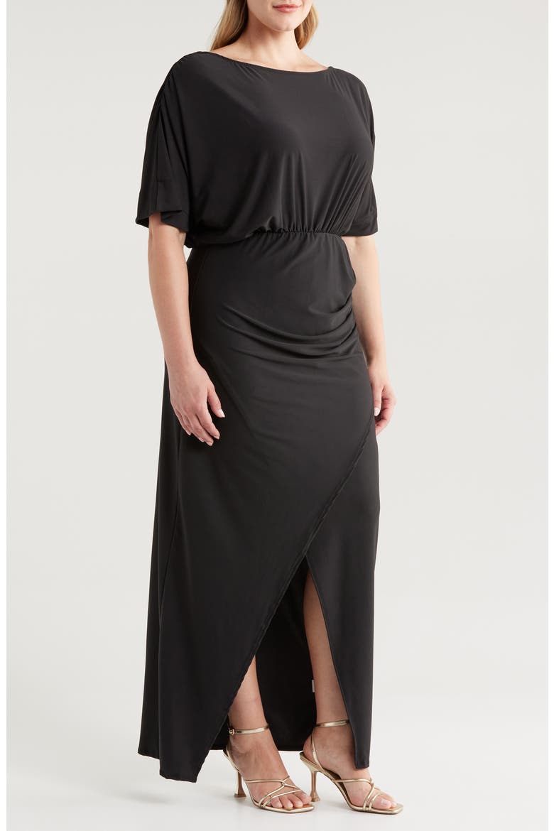 Batwing Sleeve Front Slit Jersey Dress, Alternate, color, BLACK
