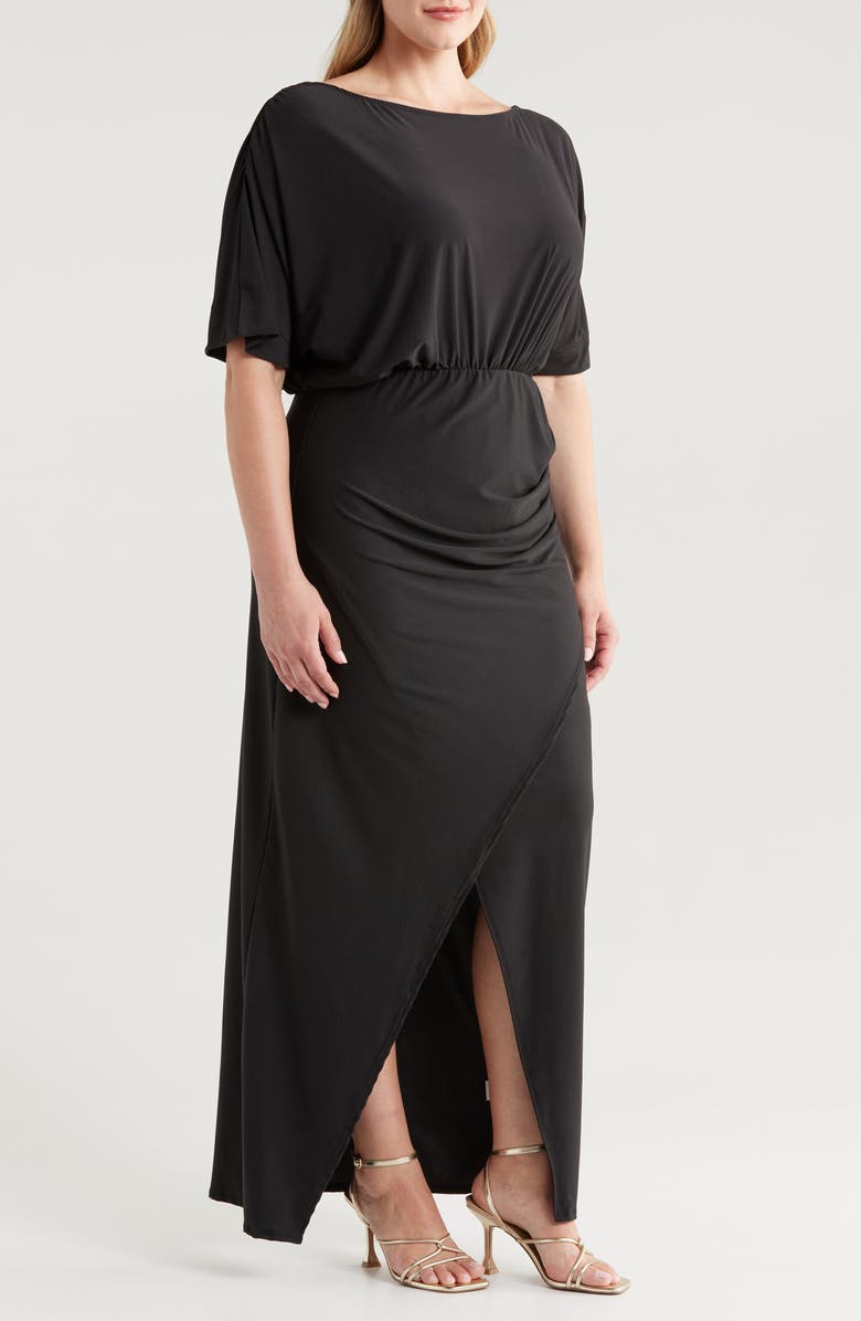 24seven Comfort Apparel Batwing Sleeve Front Slit Jersey Dress, Alternate, color, Black