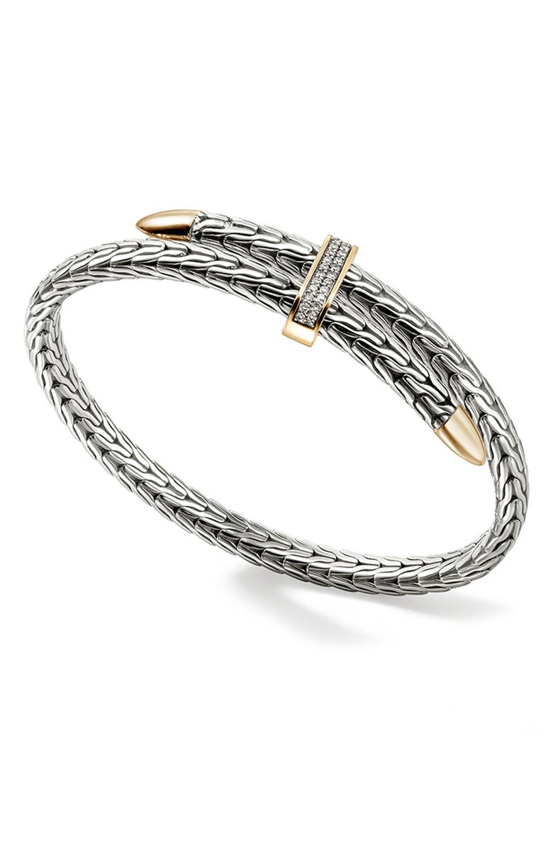 John Hardy Spear Flex Cuff, Diamonds, 5.5mm, Alternate, color, Sterling Silver/Yellow Gold