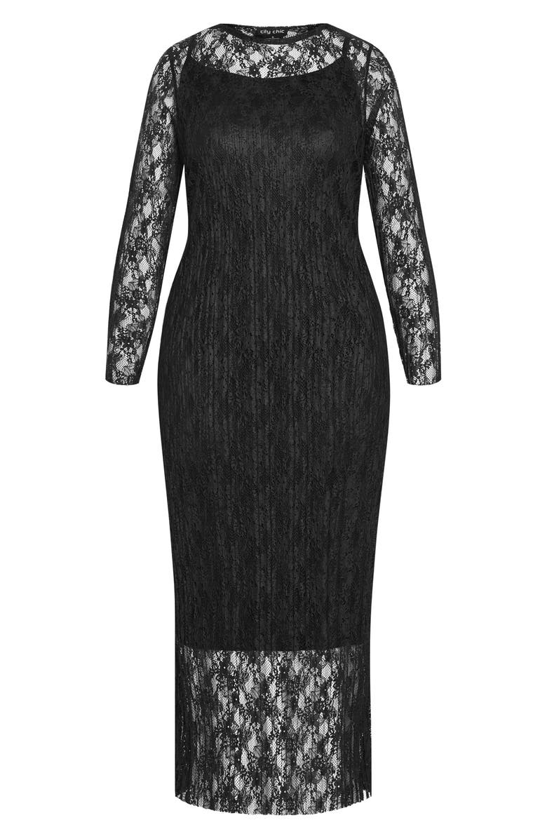 City Chic Long Sleeve Plissé Lace Sheath Dress, Alternate, color,