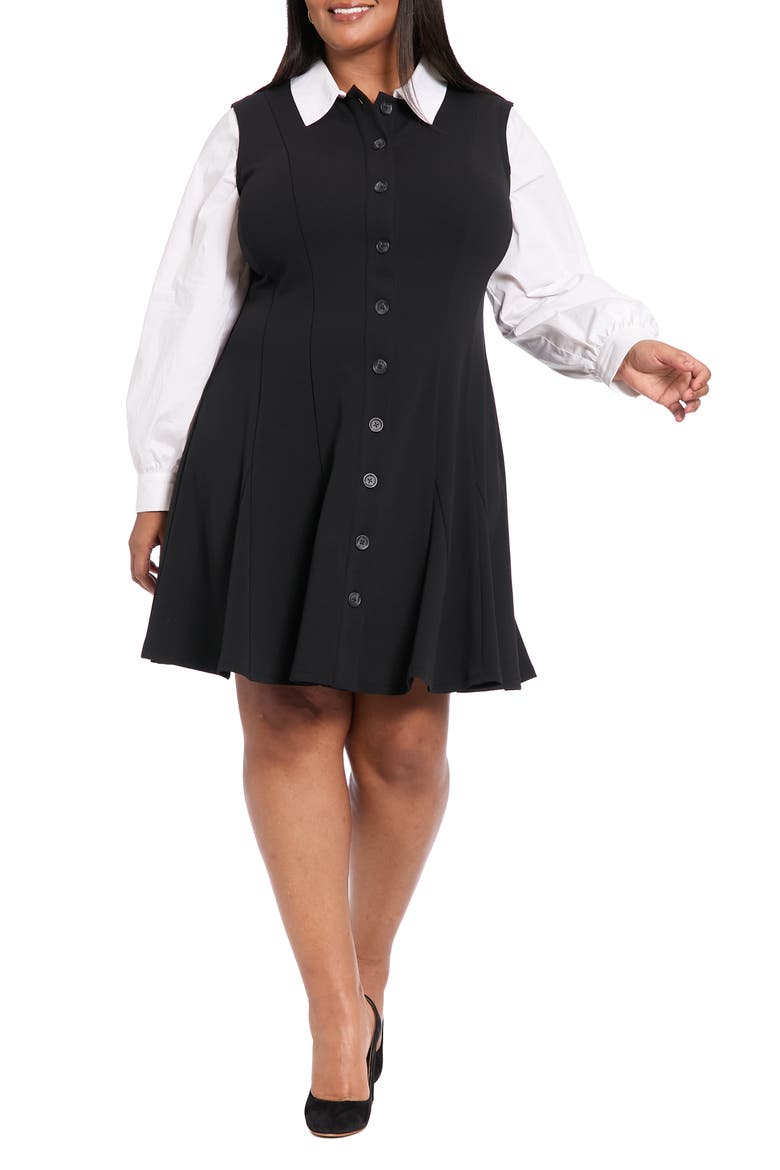 Long Sleeve Twofer Scuba Fit & Flare Dress, Main, color, BLACK