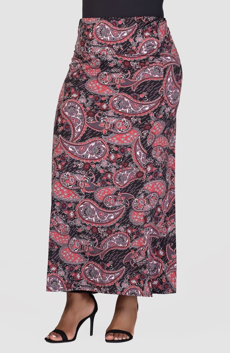24seven Comfort Apparel Paisley Foldover Waist Knit Maxi Skirt, Alternate, color, Pink Multi