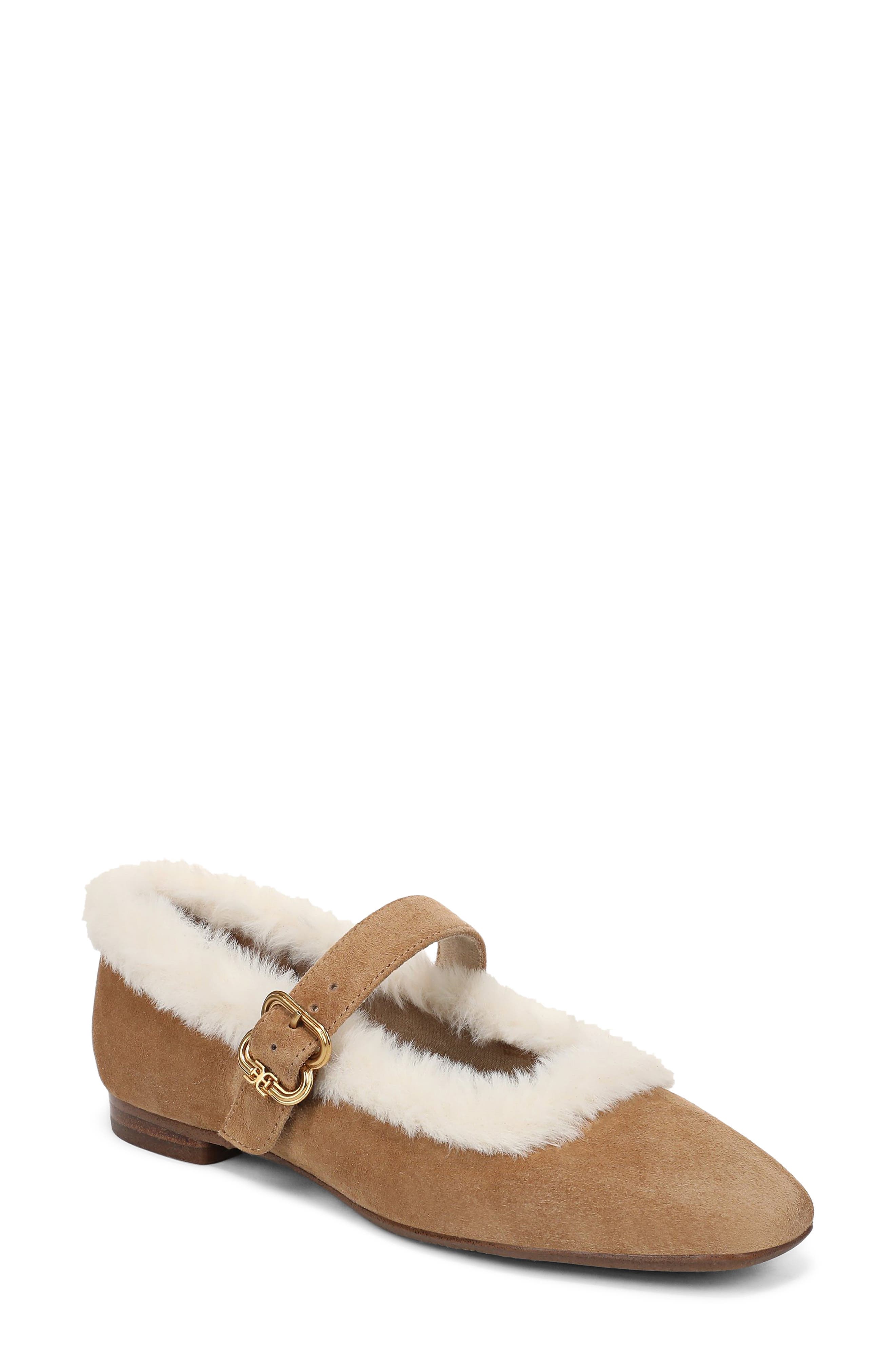 Michaela Faux Fur Trim Mary Jane Flat, Main, color, BAMBOO BROWN