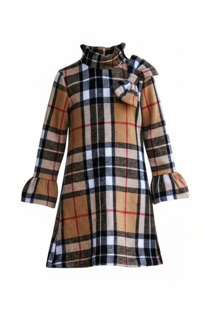 Mia Belle Girls Classic Plaid Long Sleeve Shift Dress, Main, color, Brown
