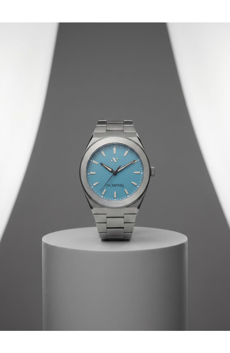 NCMPRBL Elevate Link Denim Blue Swiss Bracelet Watch, 42MM, Main, color, Hushed Silver/Blue Azurite