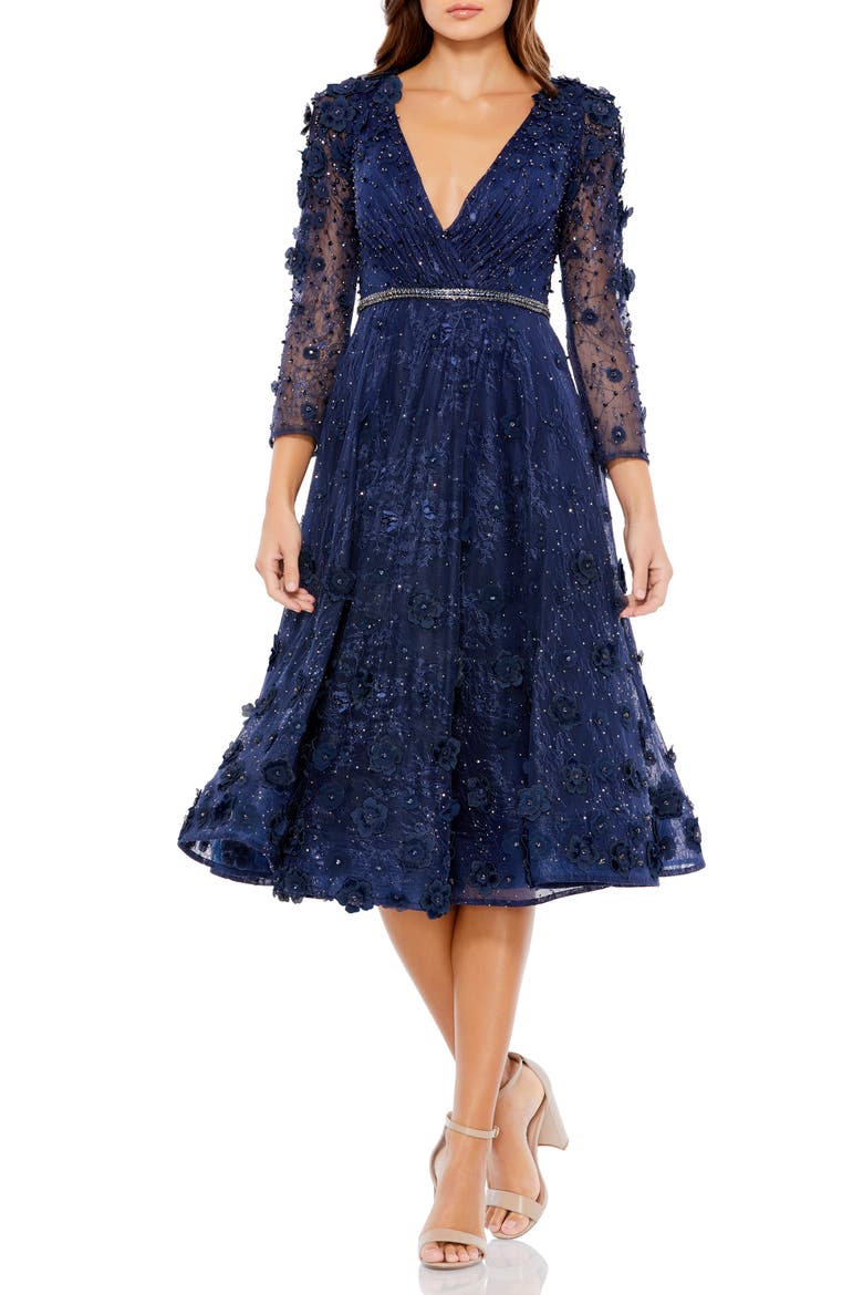 Floral Appliqué Lace Fit & Flare Cocktail Dress, Main, color, MIDNIGHT
