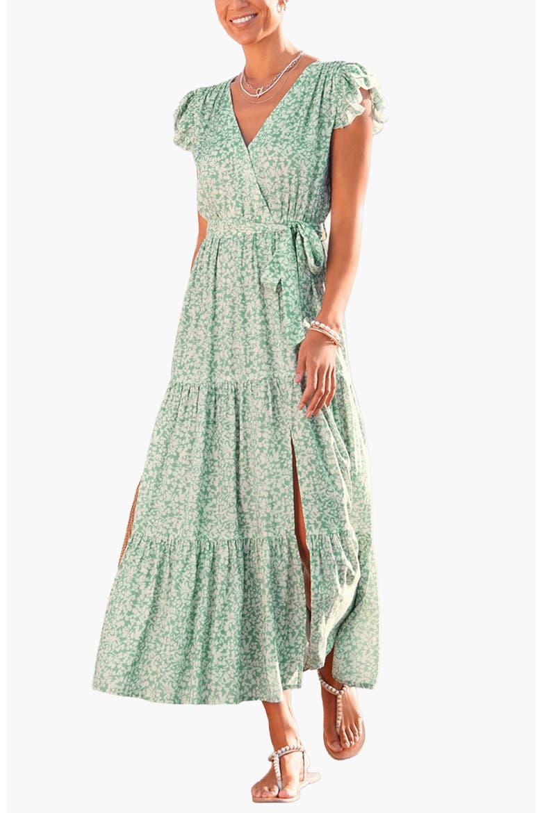 Flutter Sleeve Maxi Dress, Main, color, Green Patterned