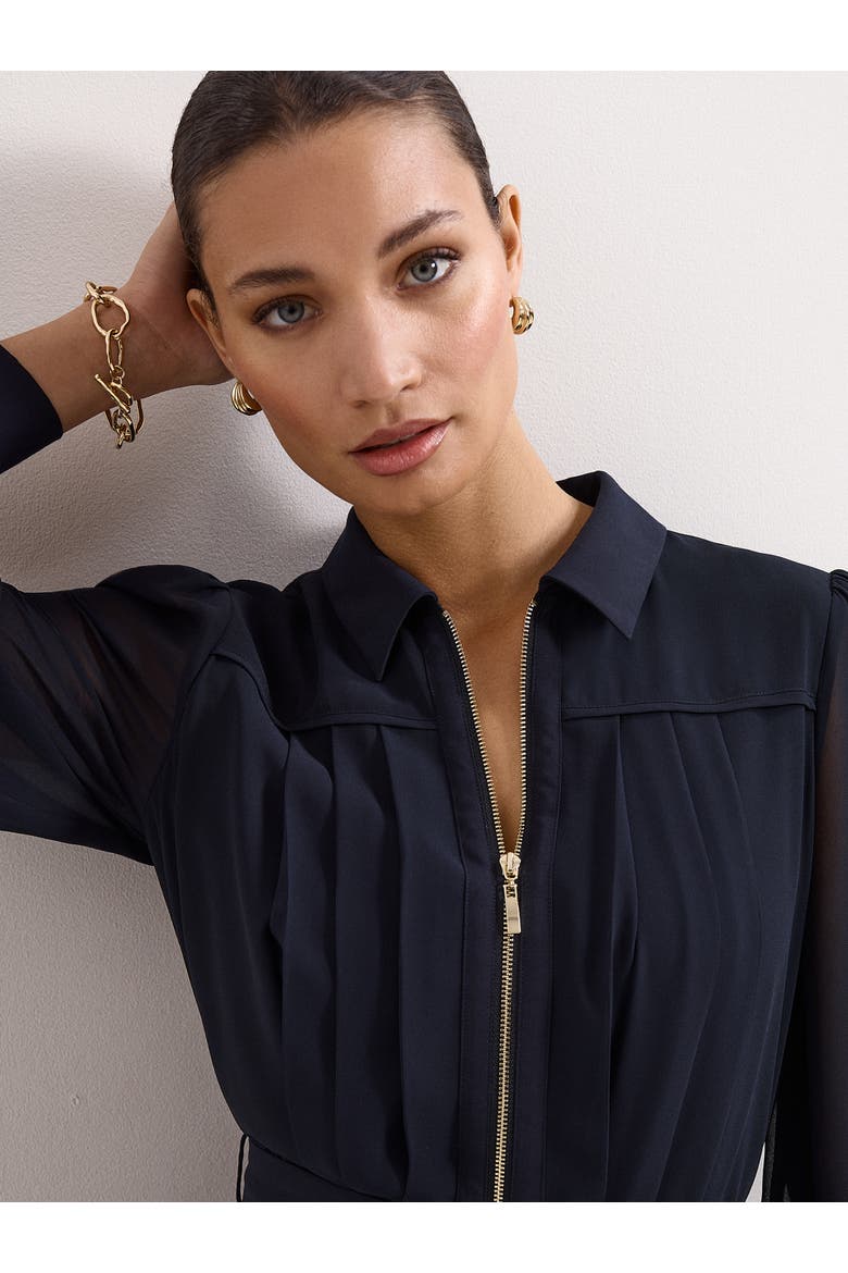 Pleated Zip Shirt Mini Dress, Alternate, color, Navy