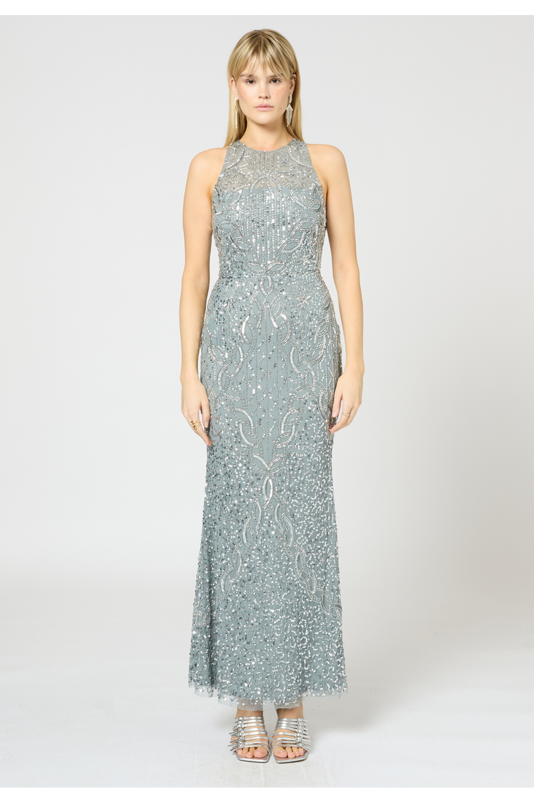 Embellished Sequin Beaded Long Maxi Dress, Main, color, MISTY GREY