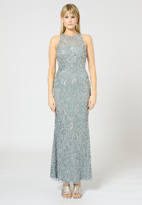 Beauut Embellished Sequin Beaded Long Maxi Dress In Gray