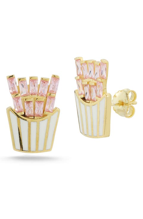 14K Gold Vermeil CZ Fries Stud Earrings