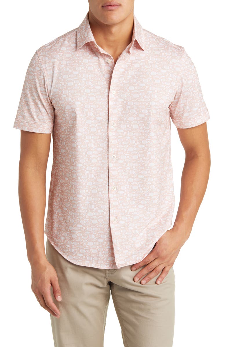 Bugatchi Miles OoohCotton<sup>®</sup> Fish Print Short Sleeve Button-Up Shirt, Main, color, 