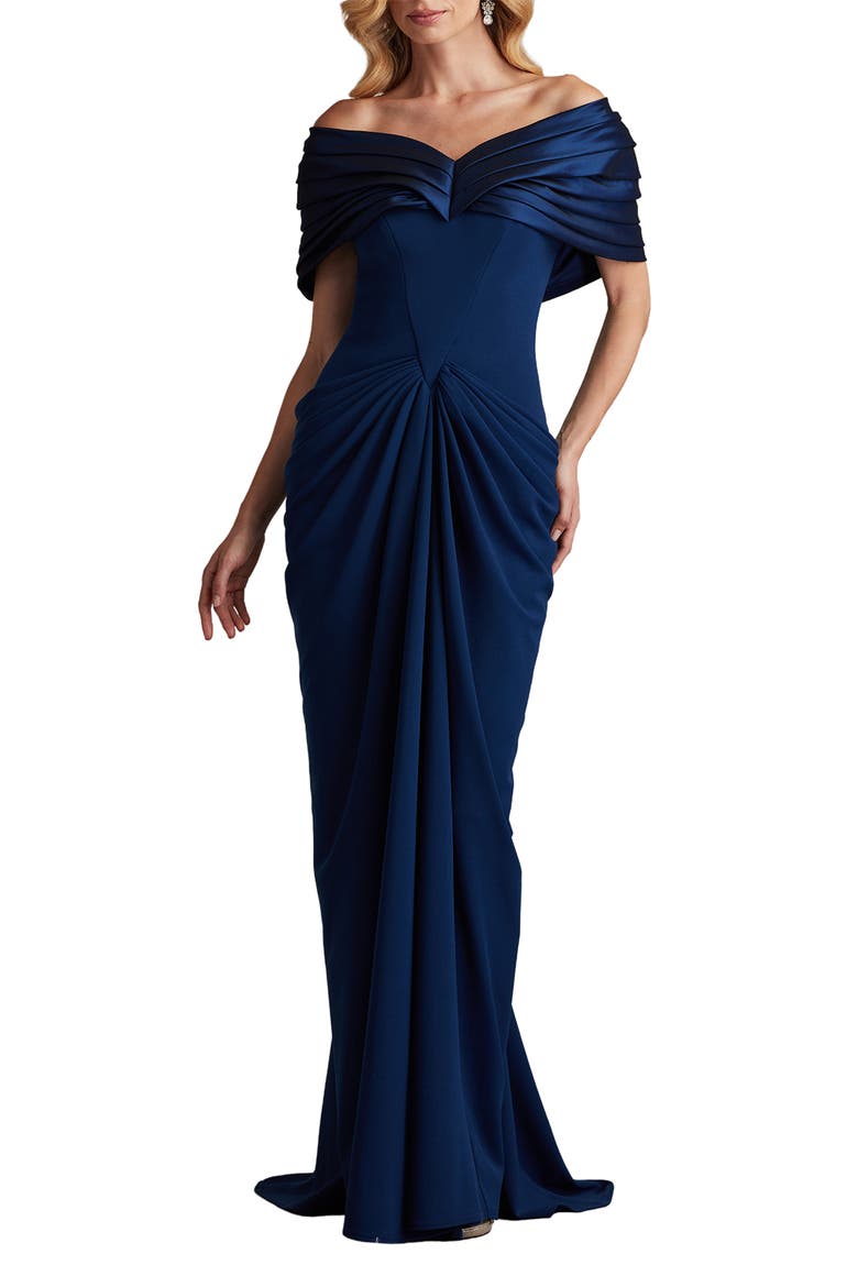 Off the Shoulder Ruched Crepe Gown, Alternate, color, NAVY