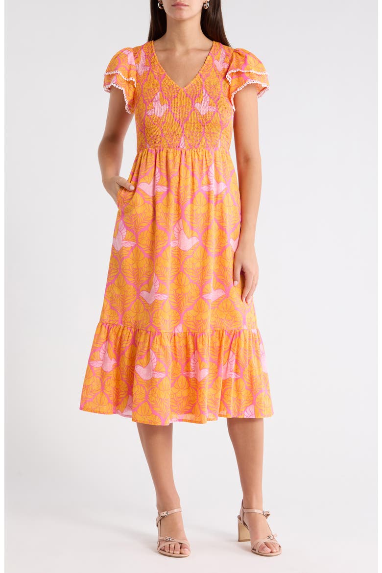 Kaidy Tropical Print Midi Dress, Main, color, ORANGE-PINKS-MULTI