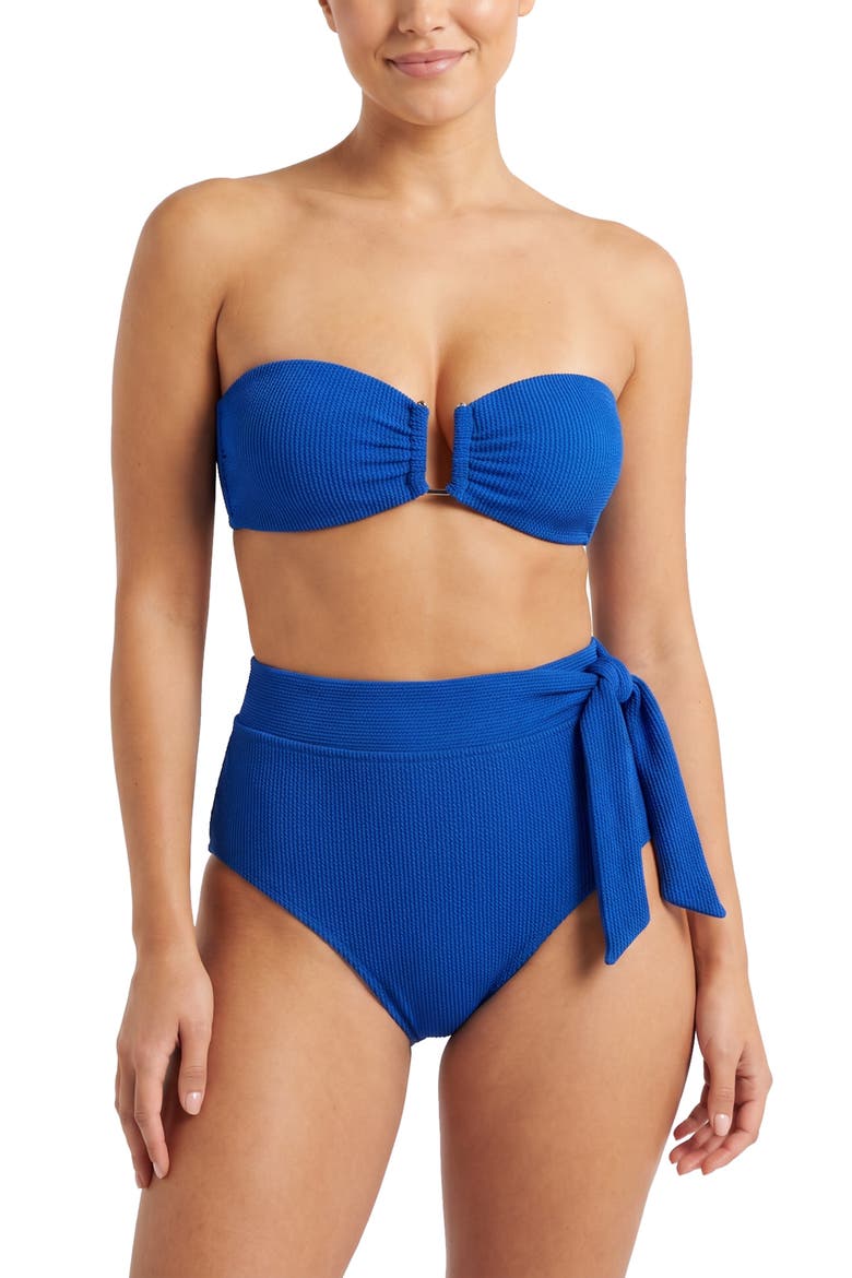 Side Tie High Waist Textured Bikini Bottom with Full Coverage, Alternate, color, Royal Blue Texture