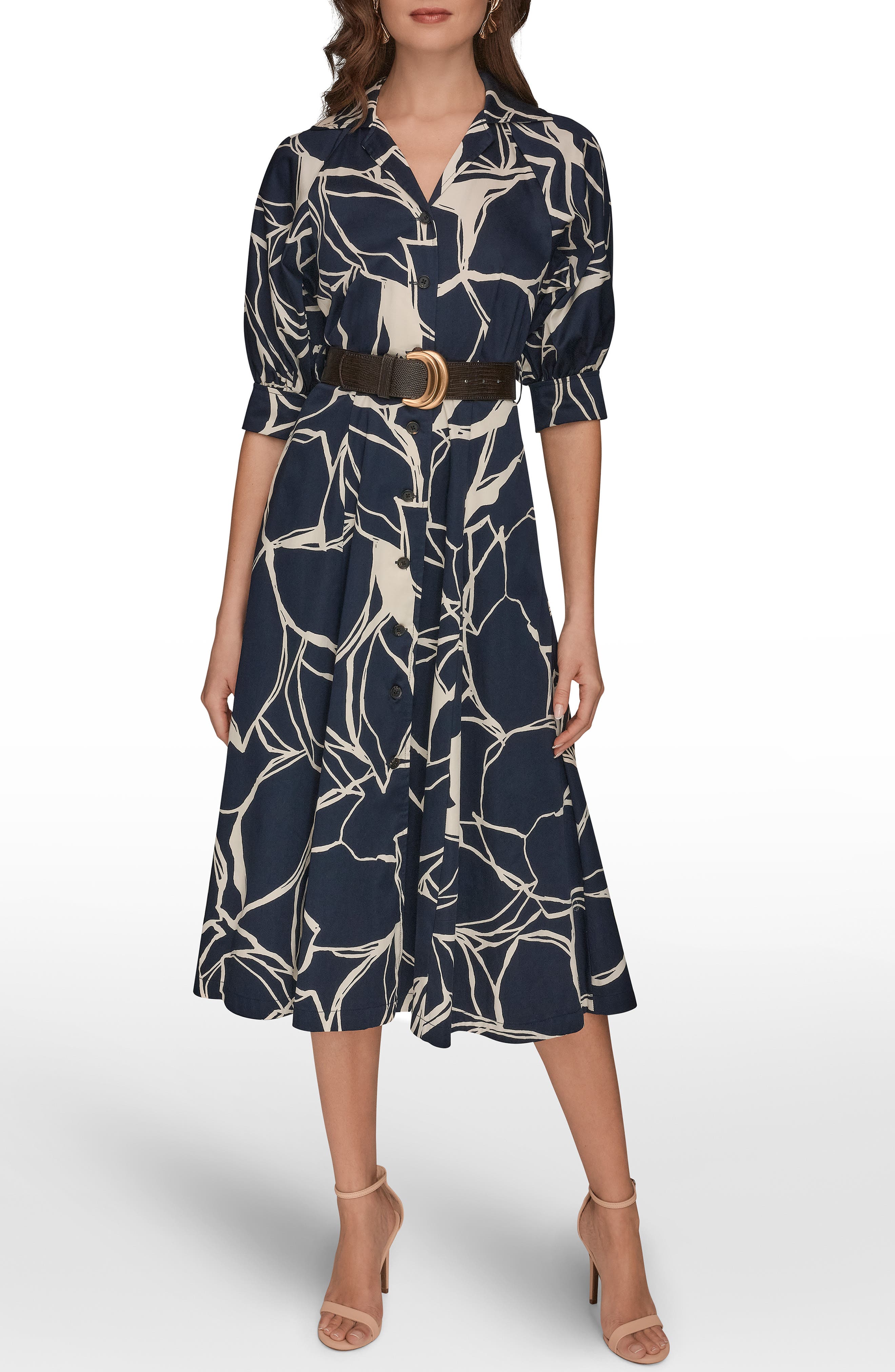 Abstract Print Belted Shirtdress
