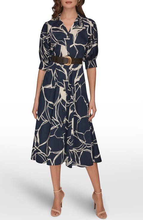 Abstract Print Belted Shirtdress