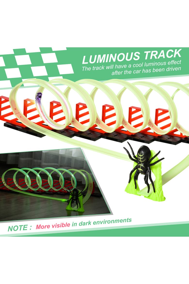Track Builder Loop Kit, Glowing Race Track with Pull-back Car, Alternate, color, Green