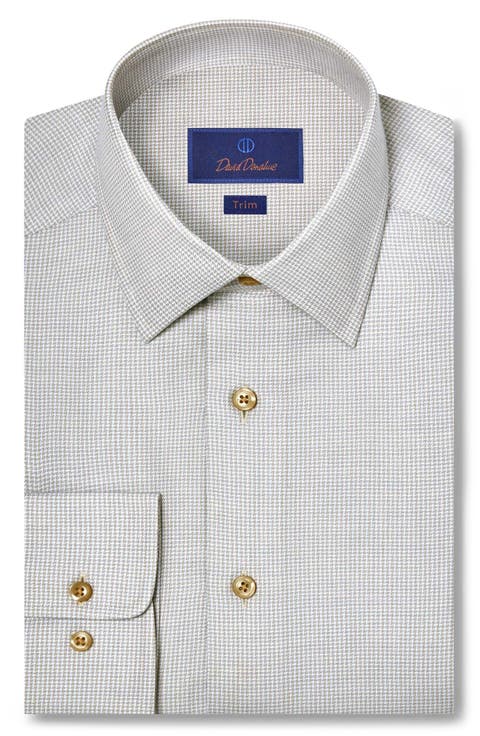 Trim Fit Tan Microcheck Cotton & Cashmere Dobby Dress Shirt