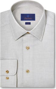 David Donahue Trim Fit Tan Microcheck Cotton & Cashmere Dobby Dress Shirt