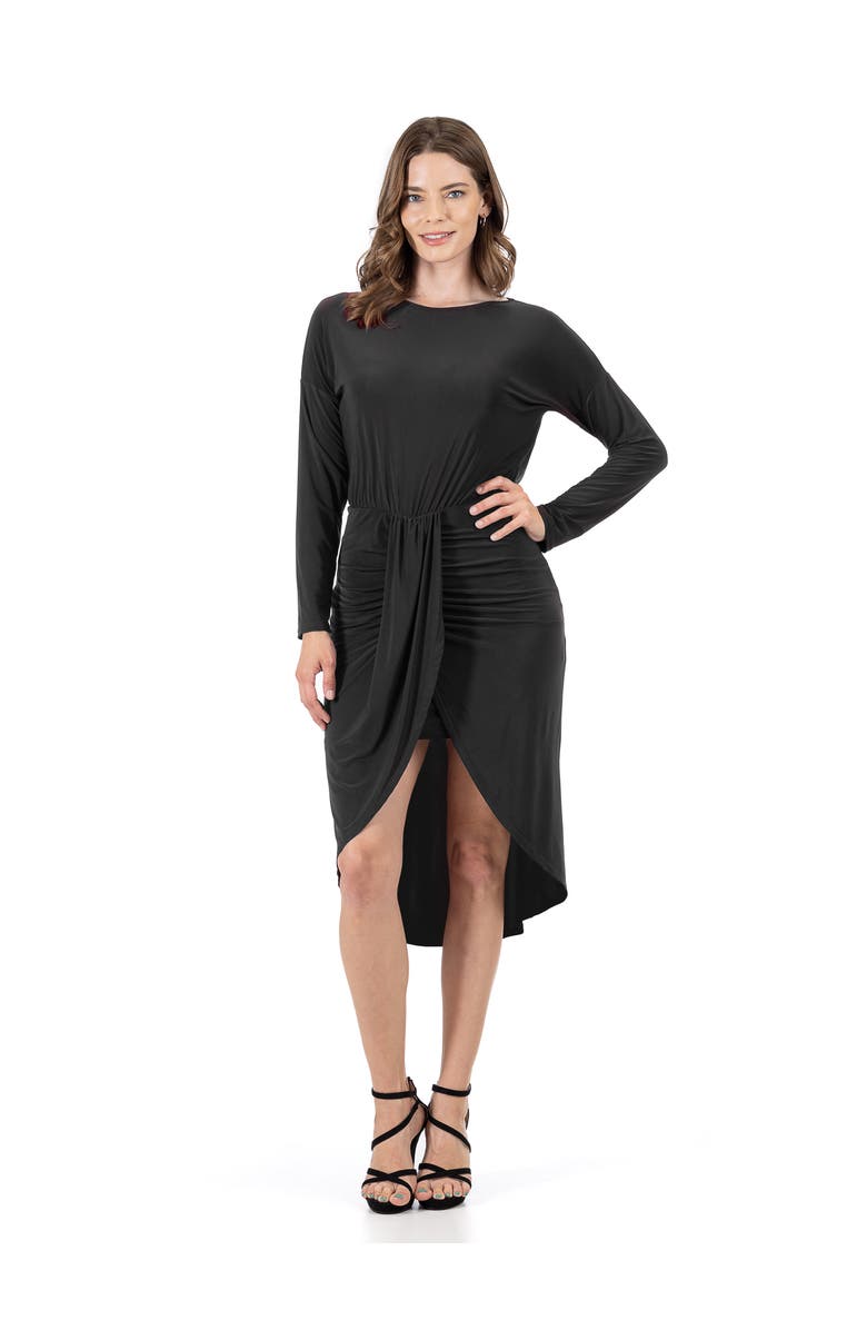24seven Comfort Apparel Long Sleeve Dressy Tulip Skirt Knee Length Dress, Main, color, Black