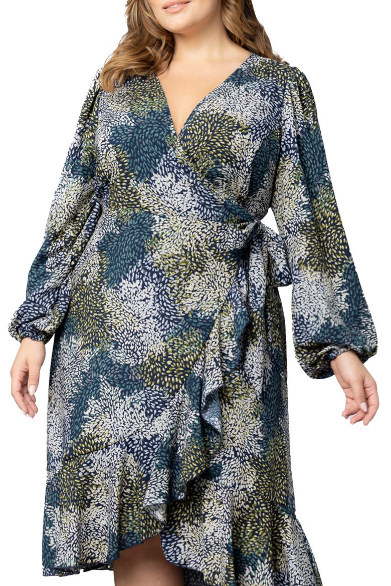Julia Long Sleeve Midi Wrap Dress, Alternate, color, BLUE IMPRESSIONIST PRINT