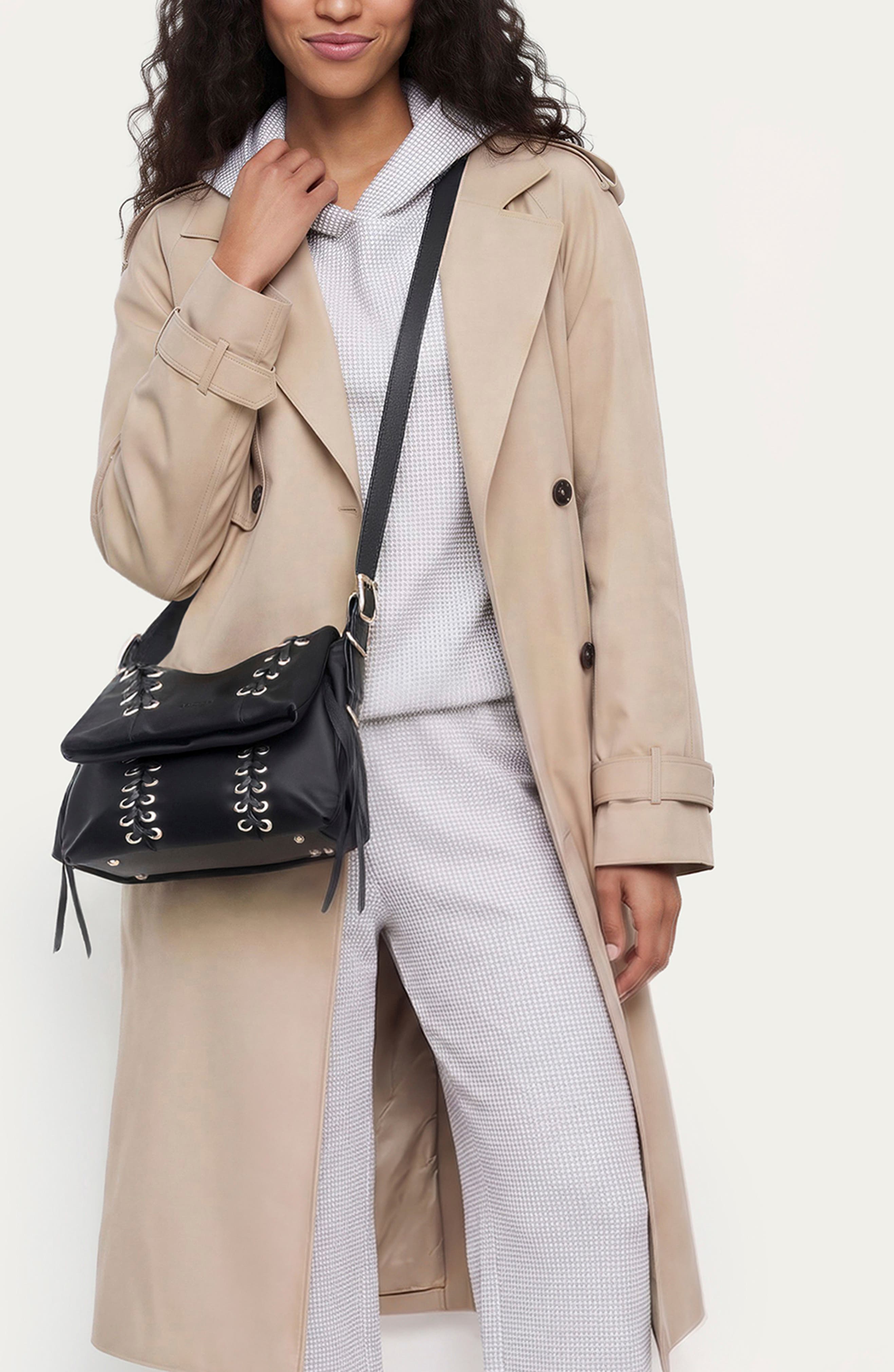 Lace-Up Double Entry Crossbody, Alternate, color, BLACK SATIN NYLON