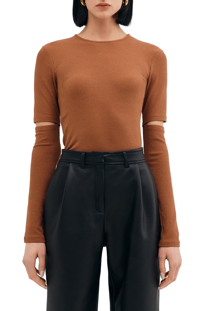 Two Lines by Marcella Stockholm Slit Sleeve Rib Top, Main, color, Cinnamon Brown