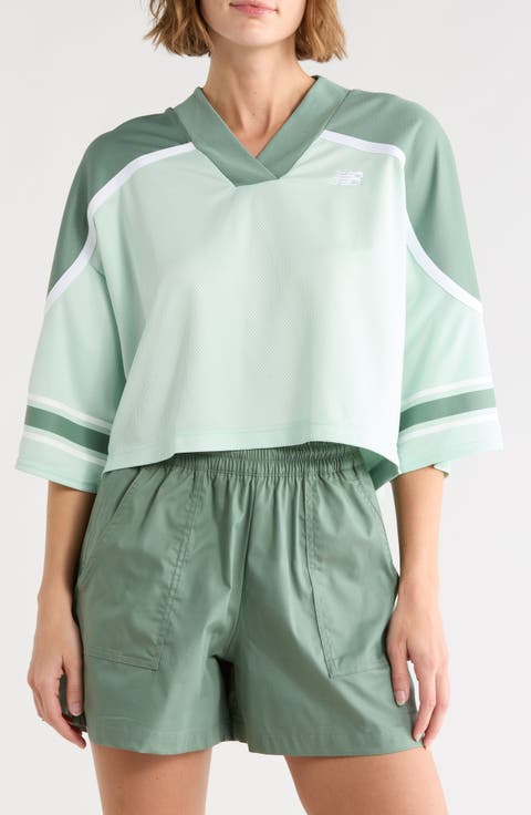 Oversize Crop Jersey Mesh V-Neck T-Shirt