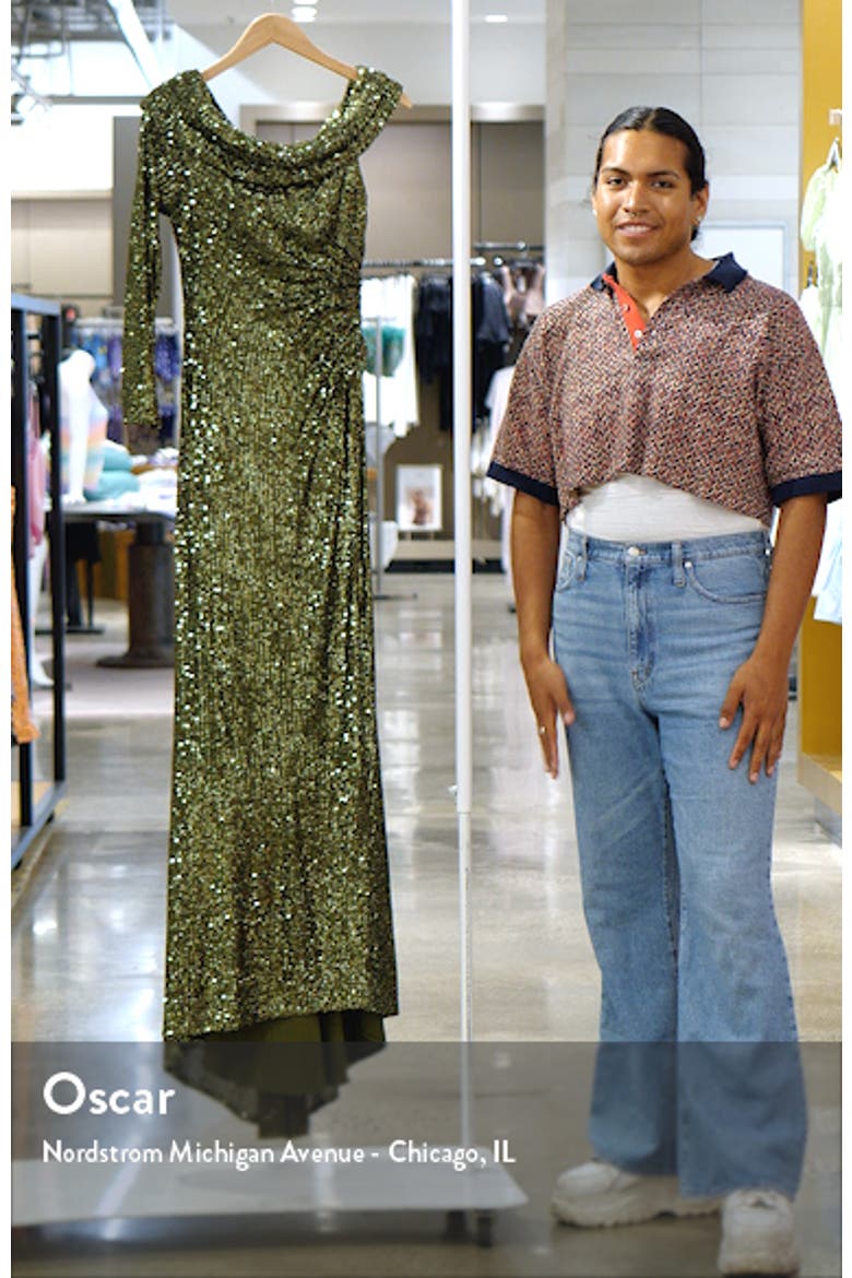 Sequined Drop Shoulder Faux Wrap Gown video