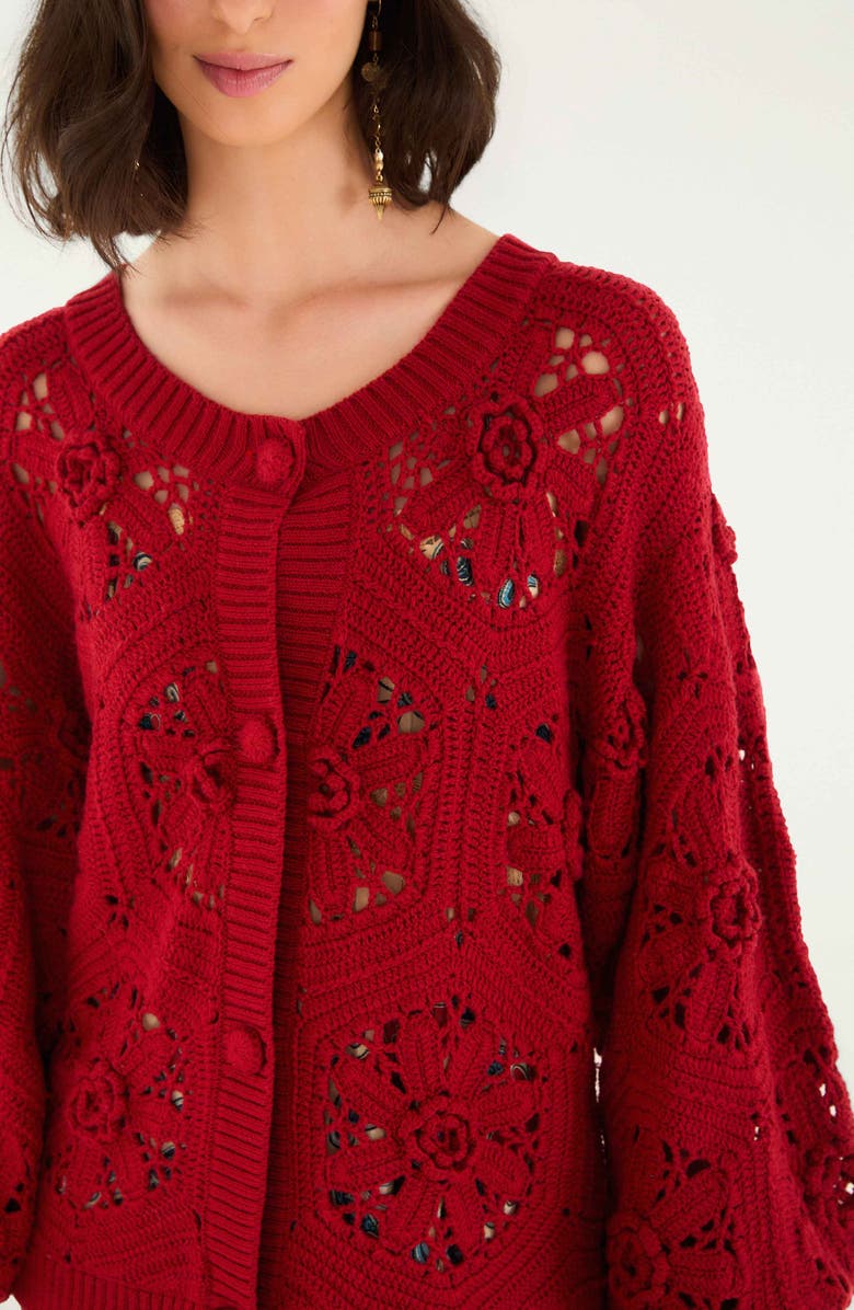 FARM Rio Floral Crochet Cardigan, Alternate, color, Red