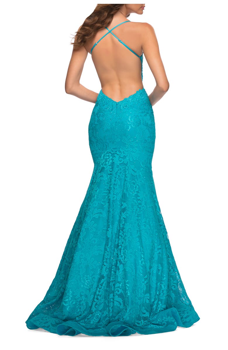 La Femme Bright Mermaid Lace Gown with Sheer Bodice and Open Back, Alternate, color, Aqua