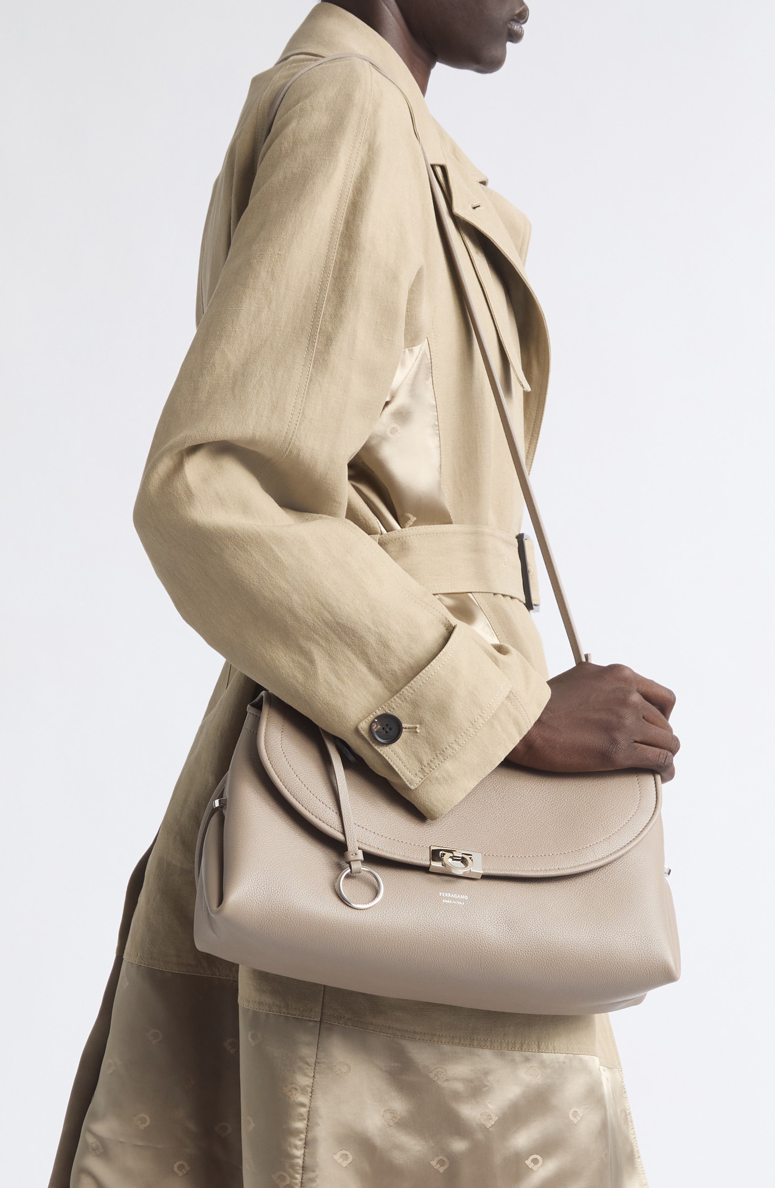 Gancio Leather Shoulder Bag, Alternate, color, WARM TAUPE T DI MORO