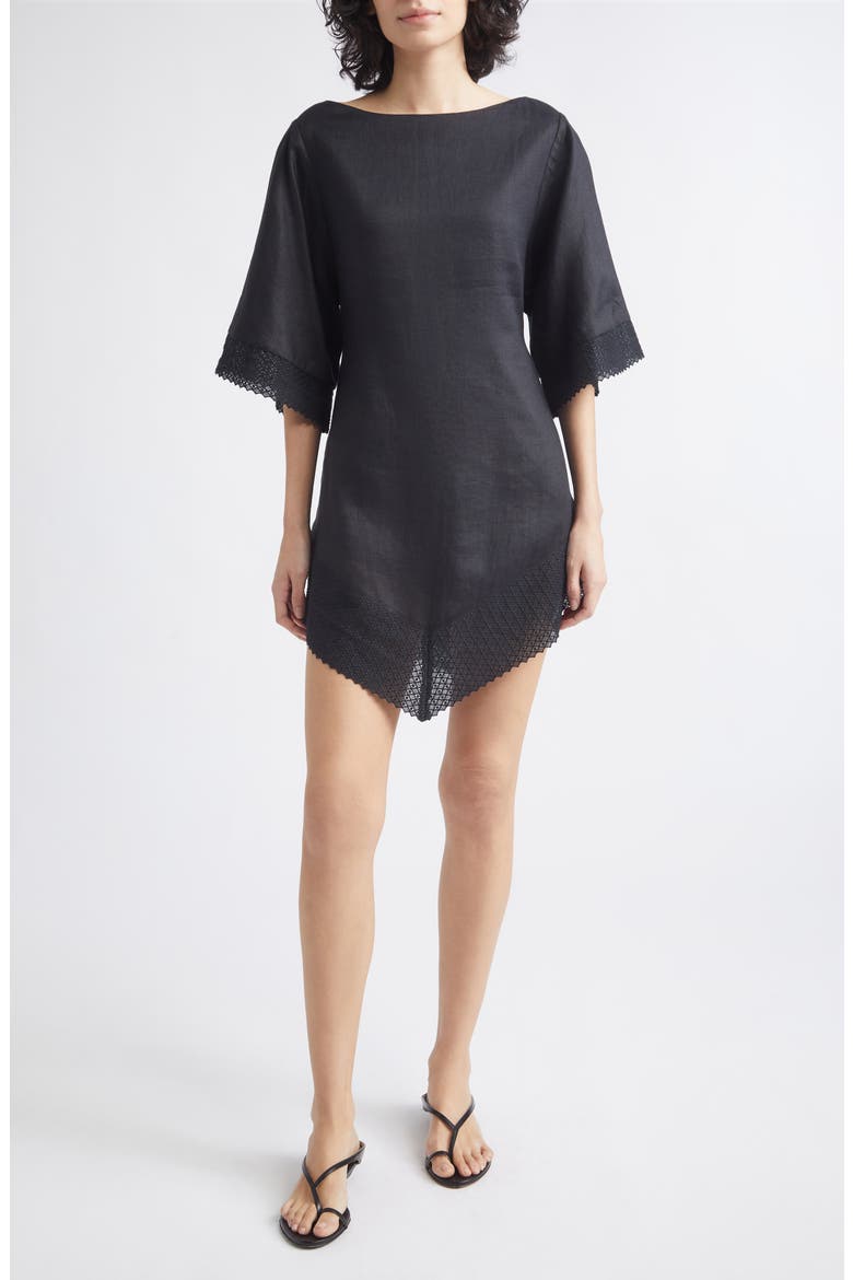 Alfie Linen Caftan Minidress, Main, color, BLACK