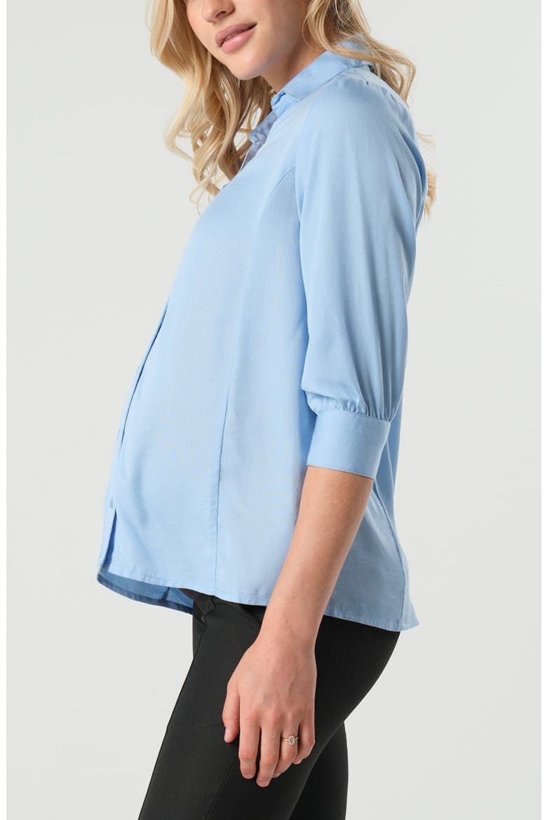 Women's Petite No-Gap 3/4 Sleeve Maternity & Nursing Button Down Shirt in with Bra Concealing Design in TENCEL, Alternate, color, Pale Blue
